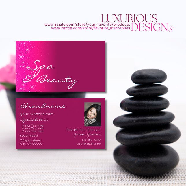 Chic Girly Pink Sparkling Glitter Stars with Photo Business Card (Creator Uploaded)