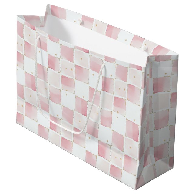 Chic Girly Pink Squares Birthday Large Gift Bag (Front Angled)