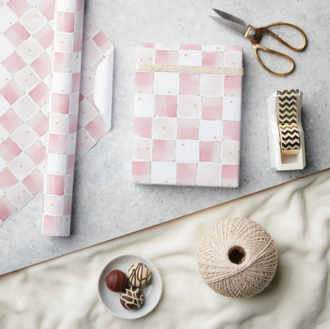 Chic Girly Pink Squares Birthday Wrapping Paper (Crafts)