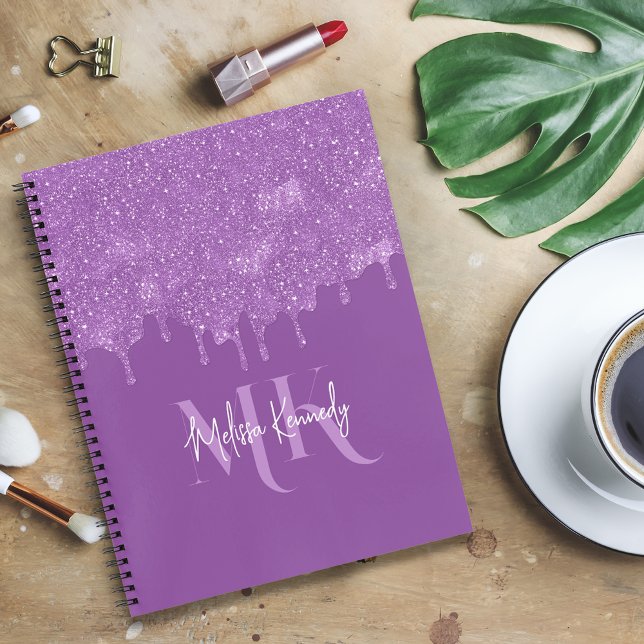 Chic Girly Purple Glitter Drips Monogram & Name  Notebook (Creator Uploaded)