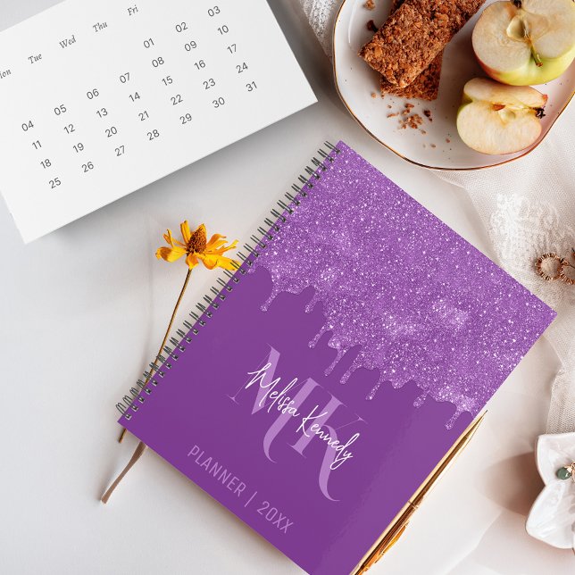 Chic Girly Purple Glitter Drips Monogram & Name Planner (Creator Uploaded)
