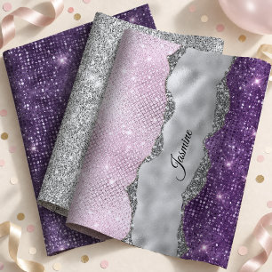 Chic Girly Purple Silver Glitter Monogram Wrapping Paper Sheet