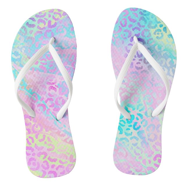 Chic Girly Rainbow Shimmer Leopard Print Flip Flops (Footbed)