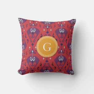 Chic girly red ikat tribal pattern monogram cushion