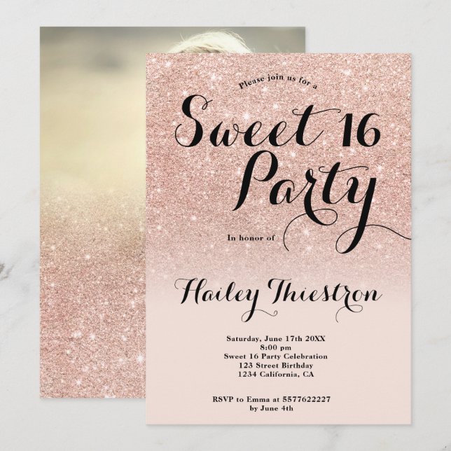 Chic girly rose gold glitter ombre photo Sweet 16 Invitation (Front/Back)