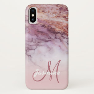 Chic Girly Rose Gold Marble Monogram Name iPhone X Case