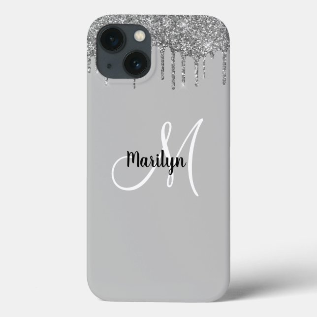 Chic Girly Silver Glitter Drips Monogram Name Case-Mate iPhone Case (Back)