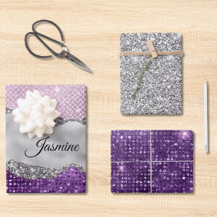 Chic girly Silver glitter purple monogram Wrapping Paper Sheet