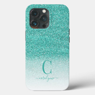 Chic Girly Teal Aqua Green Ombre Glitter iPhone 13 Pro Case