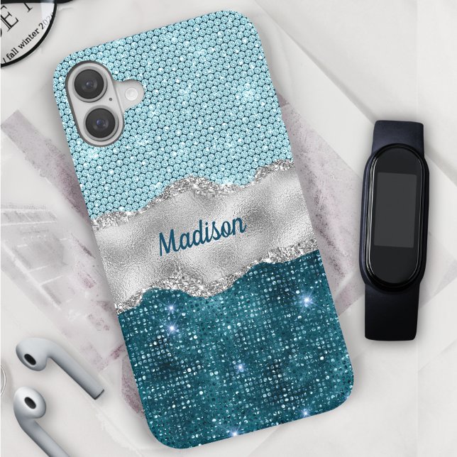 Chic girly teal mint green glitter silver monogram Case-Mate iPhone case (Creator Uploaded)