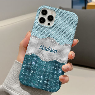 Chic girly teal mint green glitter silver monogram iPhone 13 case