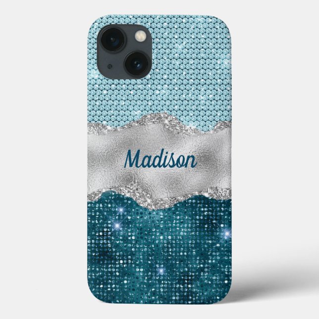Chic girly teal mint green glitter silver monogram Case-Mate iPhone case (Back)