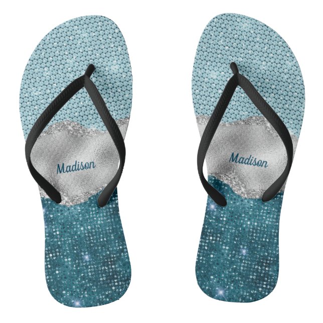 Chic girly teal mint green glitter silver monogram flip flops (Footbed)