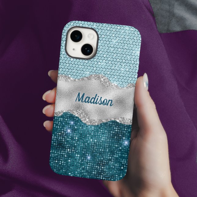 Chic girly teal mint green glitter silver monogram iPhone case (Creator Uploaded)