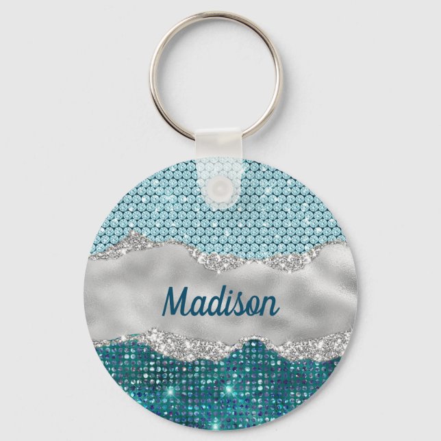 Chic girly teal mint green glitter silver monogram key ring (Front)
