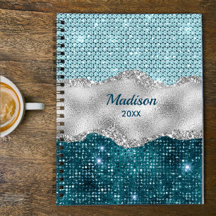 Chic girly teal mint green glitter silver monogram planner
