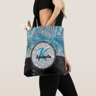 Chic girly turquoise aqua glitter leaves monogram tote bag