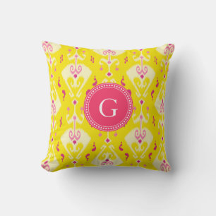 Chic girly yellow ikat tribal pattern monogram cushion