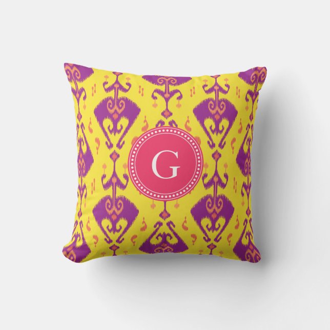Chic girly yellow ikat tribal pattern monogram cushion (Front)