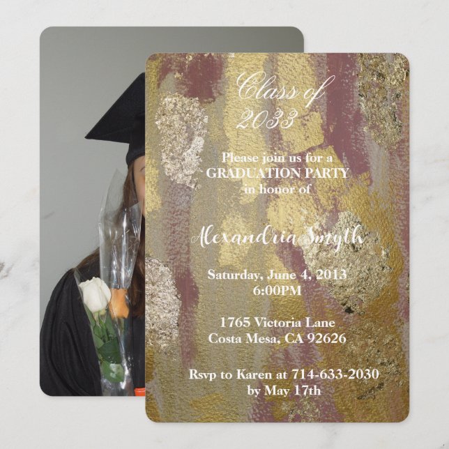 Chic Glam Gold Clay Pink Graduation Your Photo Invitation (Front/Back)