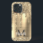 Chic Glam Gold Glitter Drips Monogram Metal iPhone 13 Pro Case<br><div class="desc">Elegant, modern, girly gold glitter drips gold metal custom personalised name and monogrammed iphone case. This design features yellow gold glitter sparkle drips on gold brushed metal background with custom personalised monogram initial and first name text template. Perfect feminine gift for girl and women who loves pretty trendy glam things....</div>