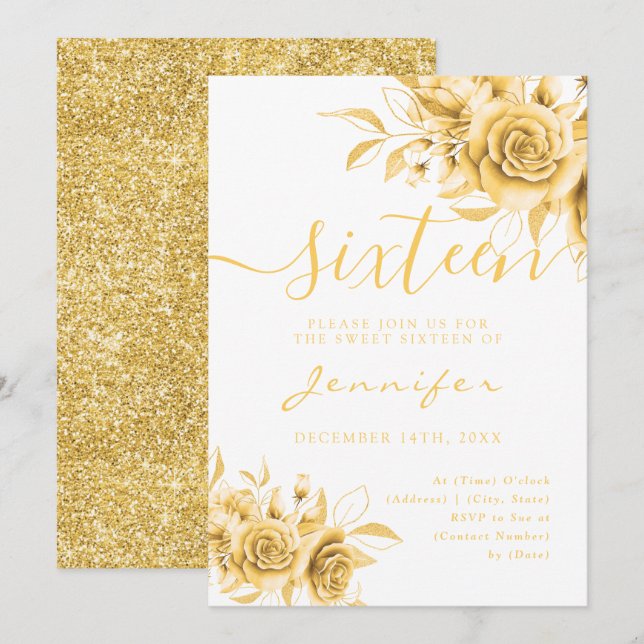 Chic Glam Gold Sweet 16 Glitter Floral Invitation (Front/Back)