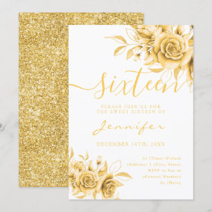 Chic Glam Gold Sweet 16 Glitter Floral Invitation