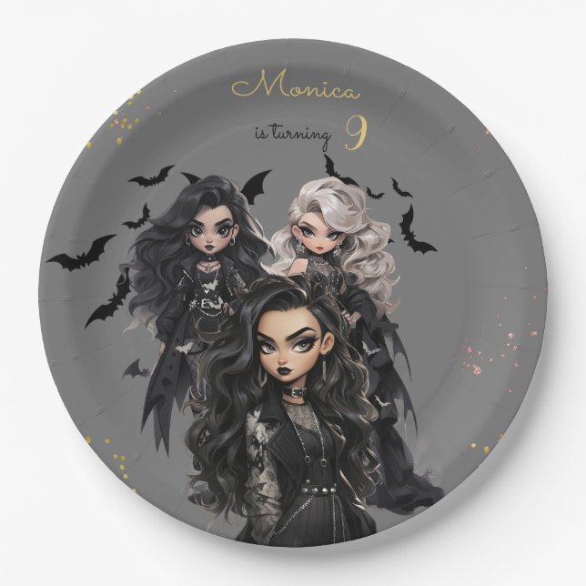 Chic glam gothic scary girl birthday party paper plate (Front)