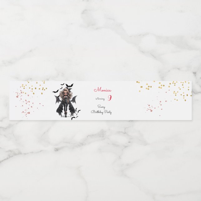 Chic glam gothic scary girl birthday party water bottle label (Single Label)