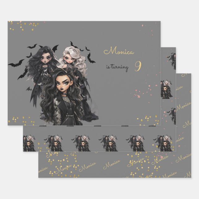 Chic glam gothic scary girl birthday party wrapping paper sheet (Set)