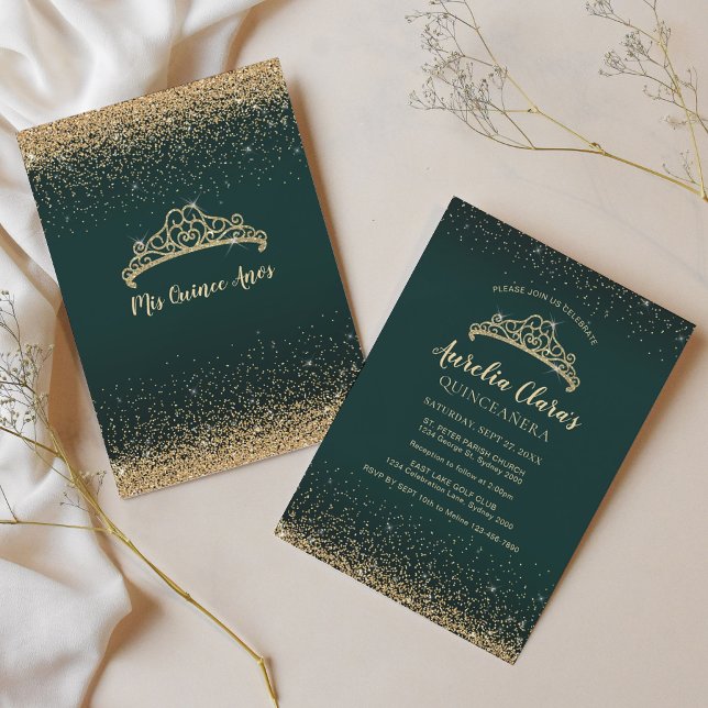 Chic Glam Green Gold Glitter Tiara Quinceanera Invitation (Creator Uploaded)