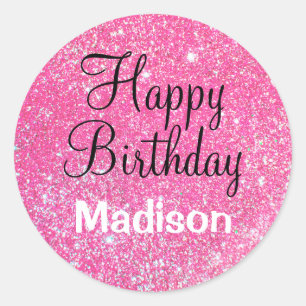Chic Glam Happy Birthday Hot Pink Glitter Sparkle Classic Round Sticker