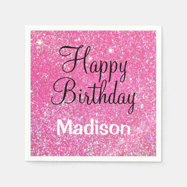 Chic Glam Happy Birthday Hot Pink Glitter Sparkle Napkin (Front)
