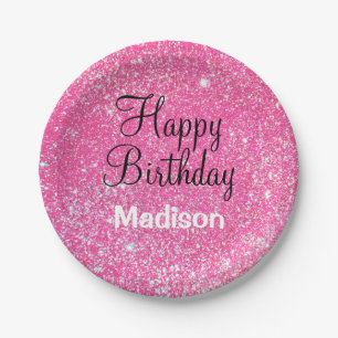 Chic Glam Happy Birthday Hot Pink Glitter Sparkle Paper Plate