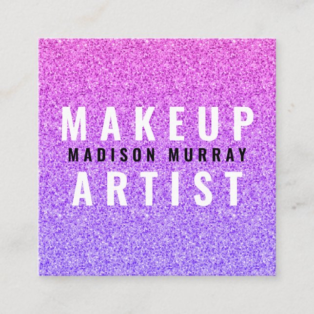 Chic Glam Lilac Purple Glitter Ombre Makeup Artist Square Business Card (Front)
