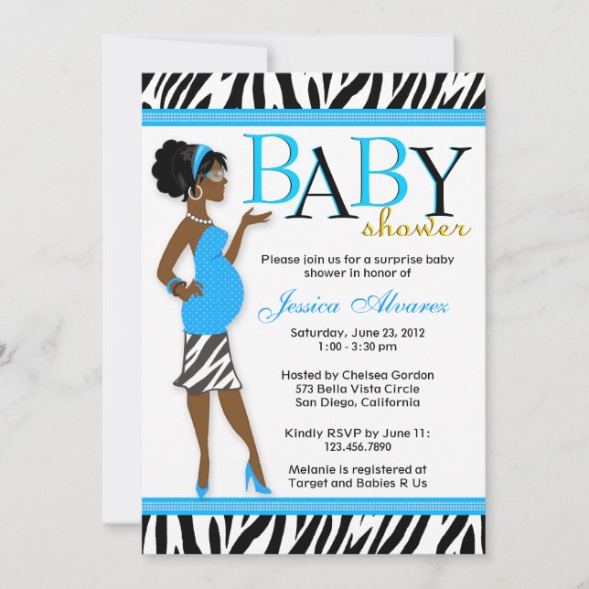 Chic Glam Modern Mum Blue Zebra Baby Shower Invitation (Front)