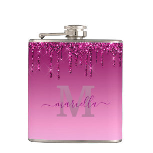 Chic Glam Pink Glitter Drip Design Name Monogram Hip Flask
