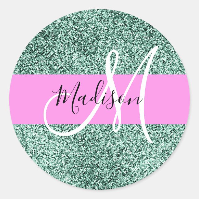 Chic Glam Pink Green Glitter Sparkle Name Monogram Classic Round Sticker (Front)