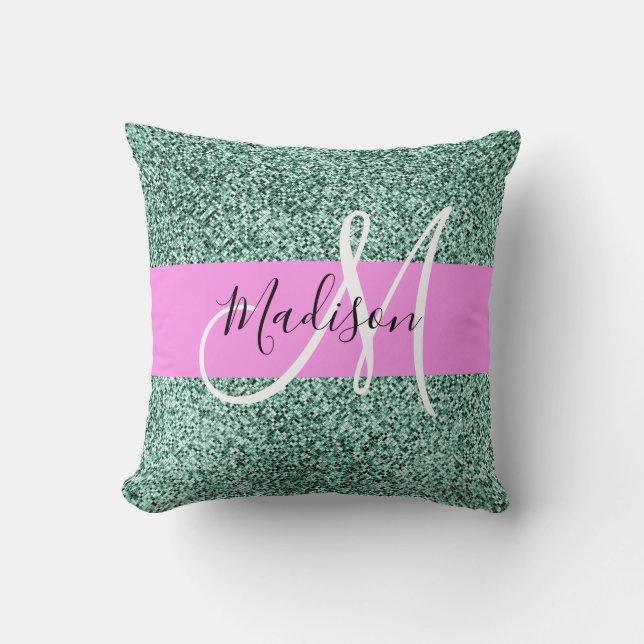 Chic Glam Pink Green Glitter Sparkle Name Monogram Cushion (Front)