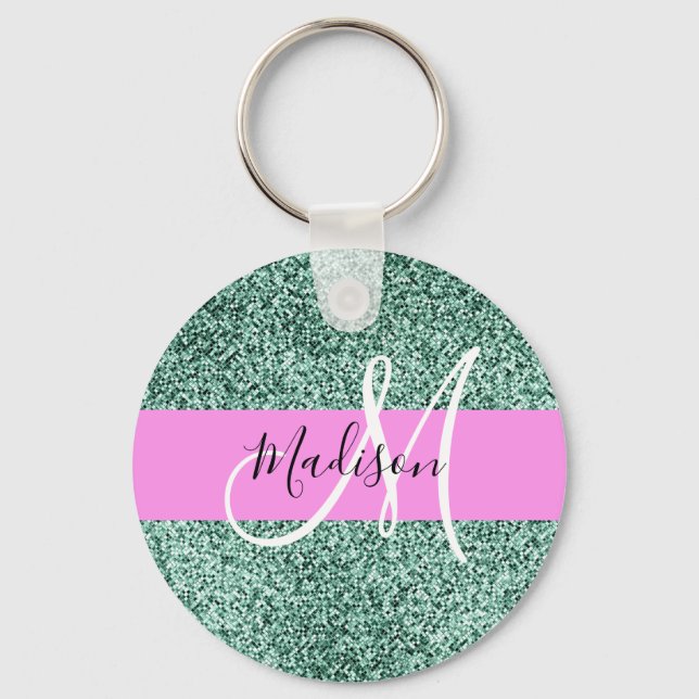 Chic Glam Pink Green Glitter Sparkle Name Monogram Key Ring (Front)