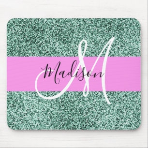Chic Glam Pink Green Glitter Sparkle Name Monogram Mouse Mat