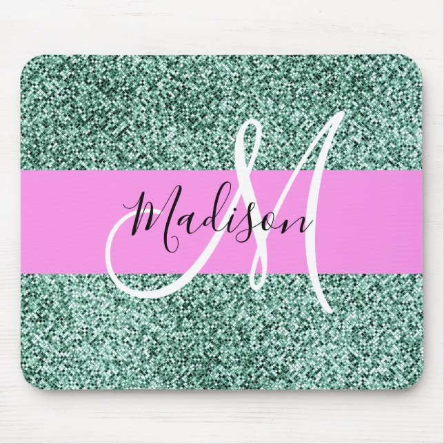 Chic Glam Pink Green Glitter Sparkle Name Monogram Mouse Mat (Front)