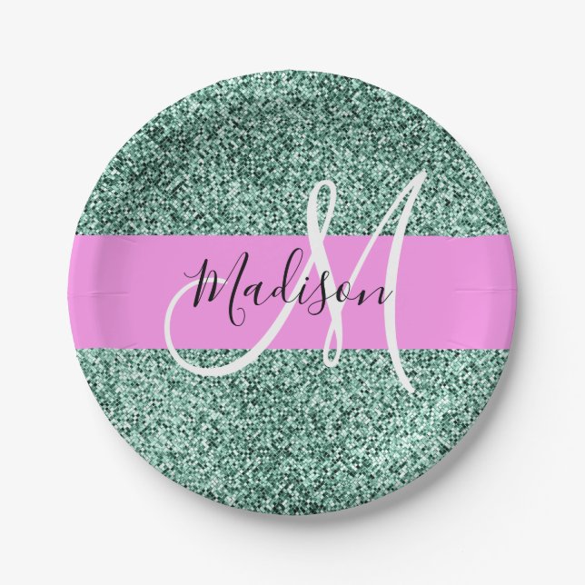 Chic Glam Pink Green Glitter Sparkle Name Monogram Paper Plate (Front)