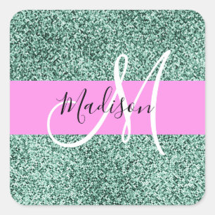 Chic Glam Pink Green Glitter Sparkle Name Monogram Square Sticker