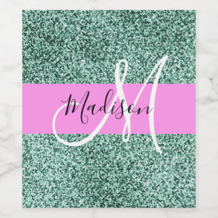 Chic Glam Pink Green Glitter Sparkle Name Monogram Wine Label