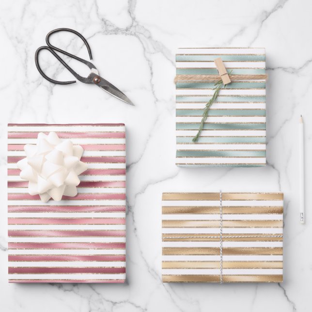 Chic Glam Pink, Mint, Gold, White Stripes Birthday Wrapping Paper Sheet (Front)