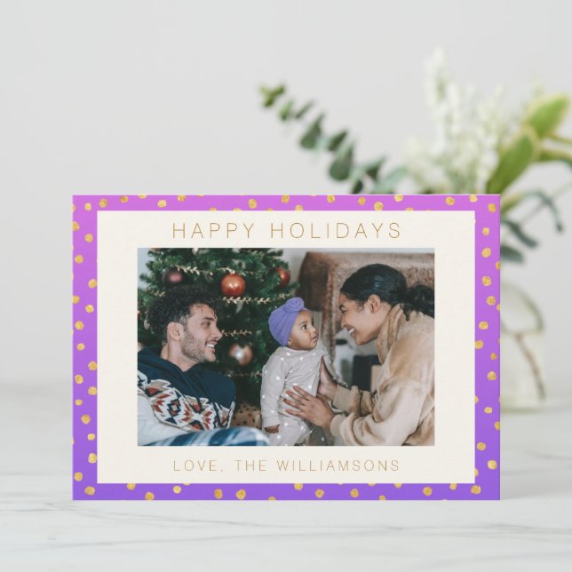 Chic Glam Purple Gold Polka Dot Personalised Photo Holiday Card (Standing Front)
