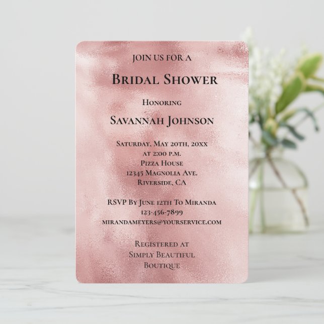 Chic Glam Rose Gold Blush Pink Bridal Shower Invitation (Standing Front)