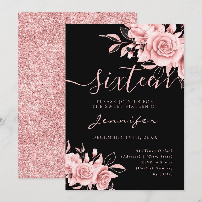 Chic Glam Rose Gold Sweet 16 Glitter Floral Black  Invitation (Front/Back)