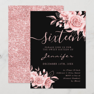Chic Glam Rose Gold Sweet 16 Glitter Floral Black  Invitation